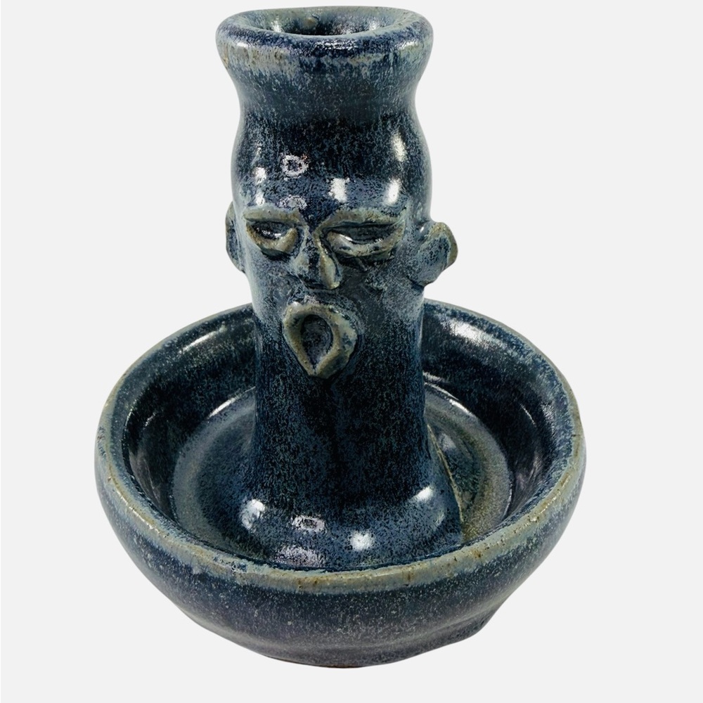 Ugly Face Art Pottery Candle Holder Folk Art Ring Trinket Dish Cobalt Blue